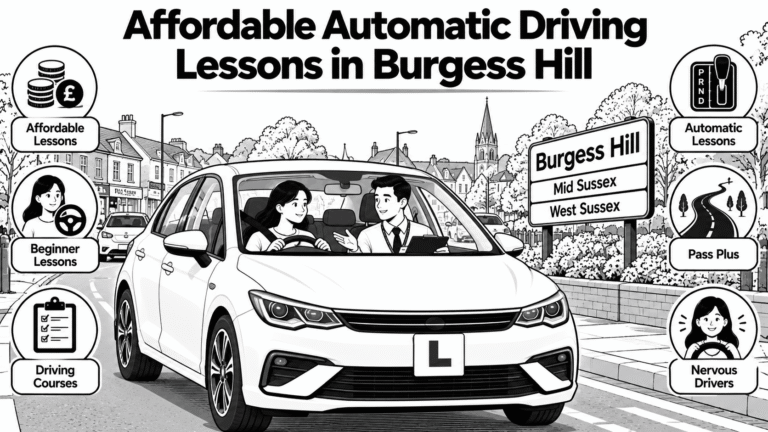 Black and white illustration of a learner instructor and student in an automatic car with an L plate beside a Burgess Hill, Mid Sussex, West Sussex road sign, with icons for affordable lessons, beginner lessons, driving courses, Pass Plus and nervous drivers