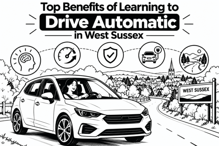 Black and white illustration of a learner driver and automatic cars, representing the benefits of learning to drive automatic in West Sussex