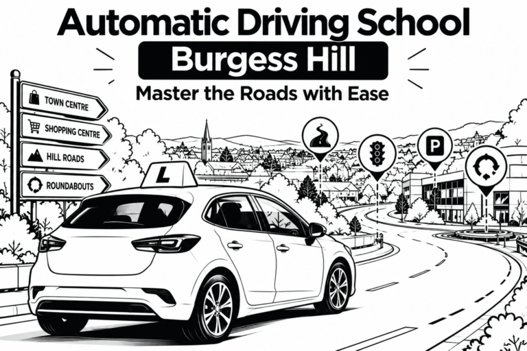 Black and white illustration of an automatic car on a Burgess Hill driving route