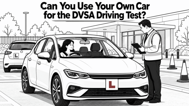 Black and white illustration of a learner driver in a car with an L plate while a test examiner with a clipboard stands beside it at a driving test centre