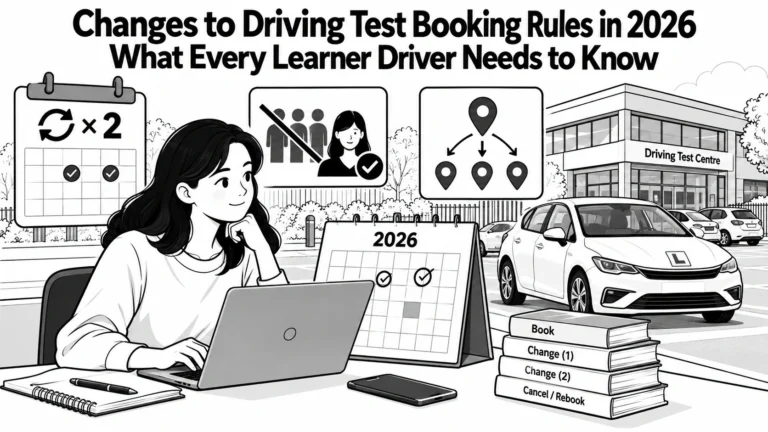 Black and white illustration of a learner driver at a laptop booking a test, with a 2026 calendar, booking and change icons and a driving test centre behind