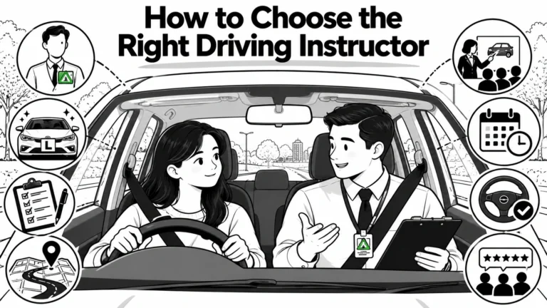 Black and white illustration of a learner driver and instructor with a badge and clipboard inside a car, surrounded by icons for choosing a driving instructor