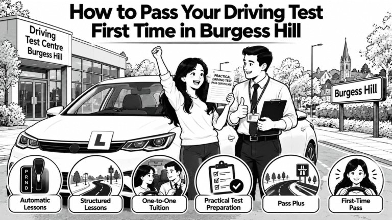 Black and white illustration of a happy learner holding a practical test pass certificate beside her instructor, in front of a Burgess Hill driving test centre