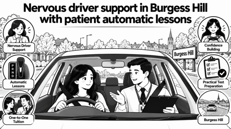 Black and white illustration of a nervous learner driver and a patient instructor in an automatic car, with icons for nervous driver support, confidence building and practical test preparation