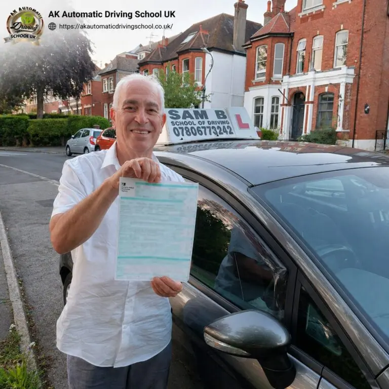 AK Automatic Driving School instructor holding a completed standards check form beside the car