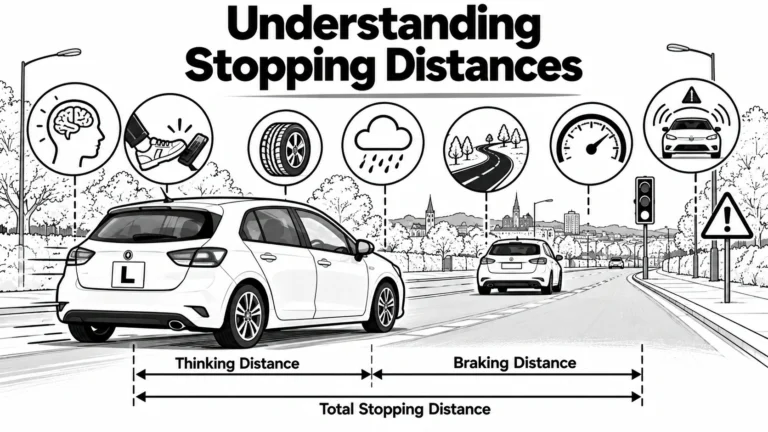 Black and white illustration of a car on a road showing thinking distance, braking distance and total stopping distance, with icons for reaction and weather