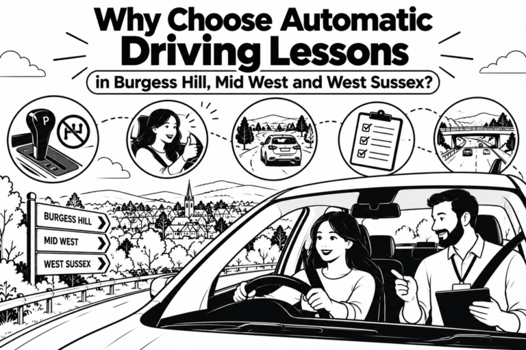 Black and white illustration of automatic cars and gearbox icons, representing why choose automatic driving lessons