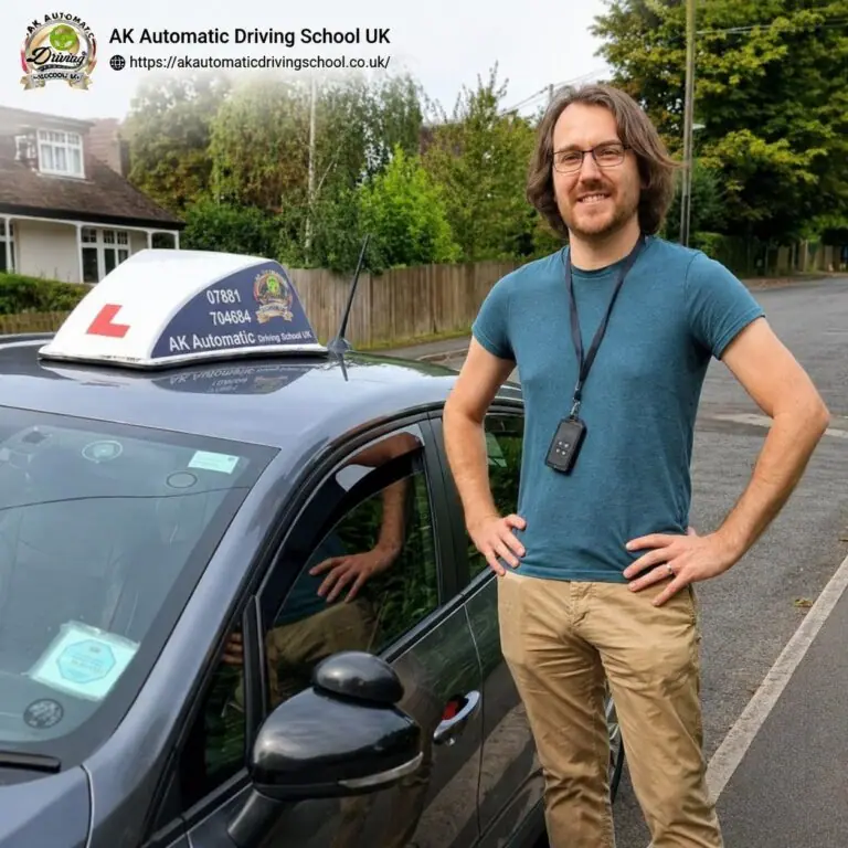 AK Automatic Driving School instructor standing beside the automatic training car
